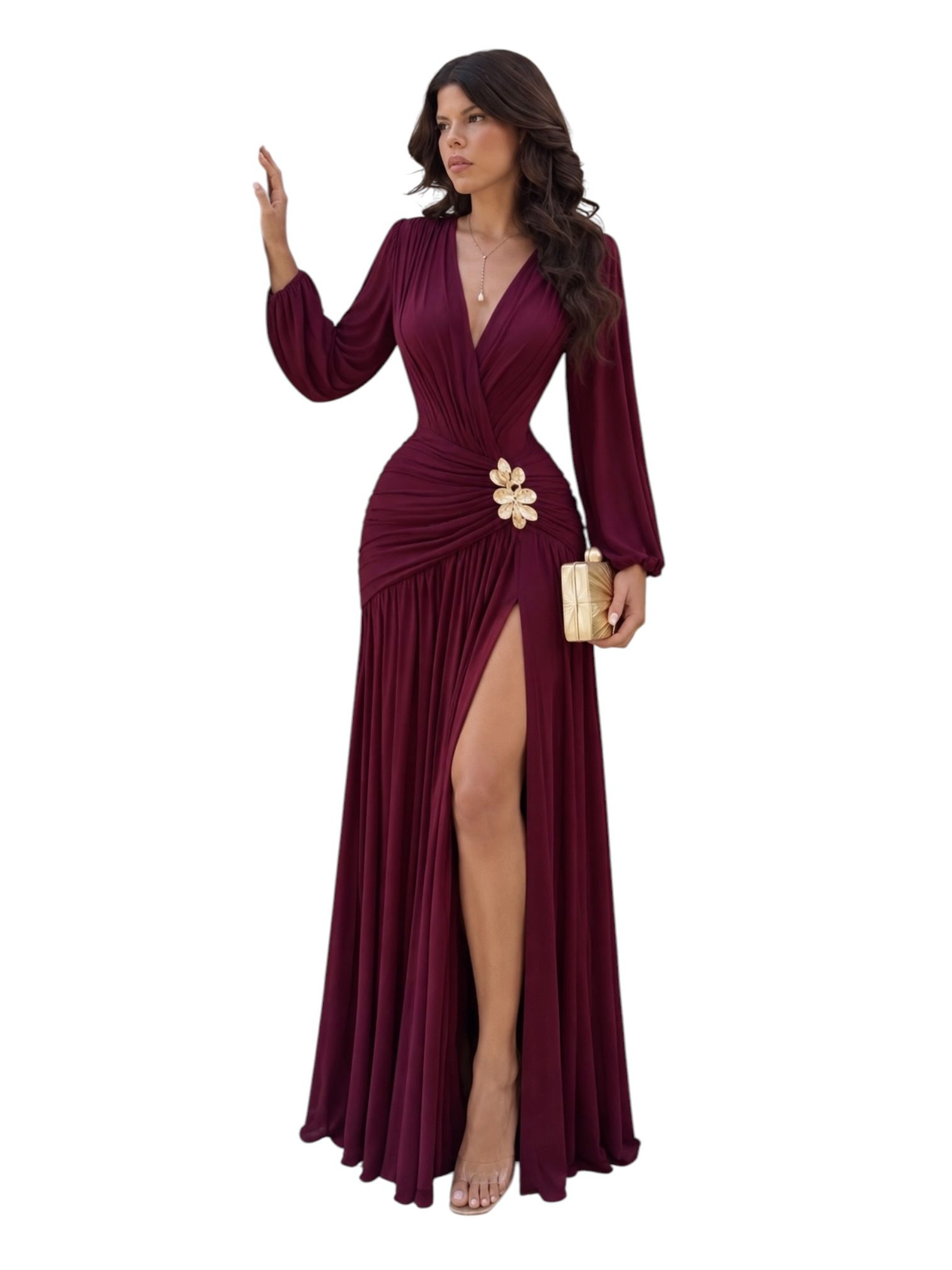 Vestido Plum Drapeado Con Broche Floral Y Abertura - Image 2