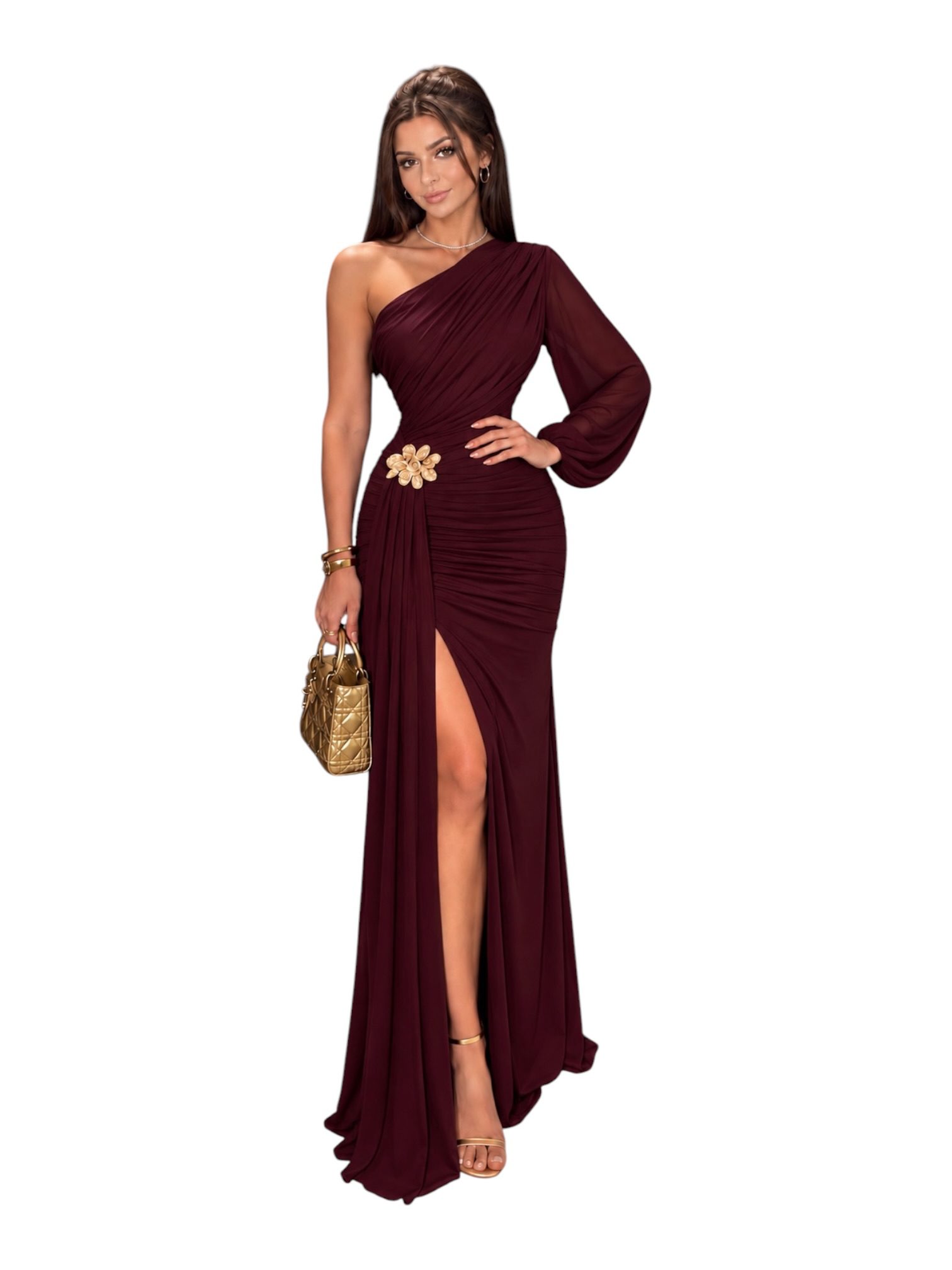 Vestido Vino De Un Hombro Con Manga Y Abertura - Image 2