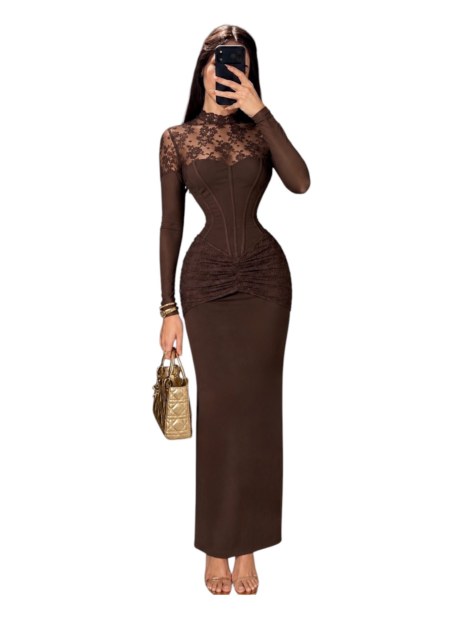 Vestido Café Con Corsé De Encaje Y Transparencias - Image 2