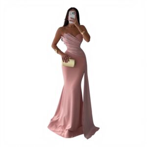 Vestido Rosa Con Escote Strapless Y Drapeado