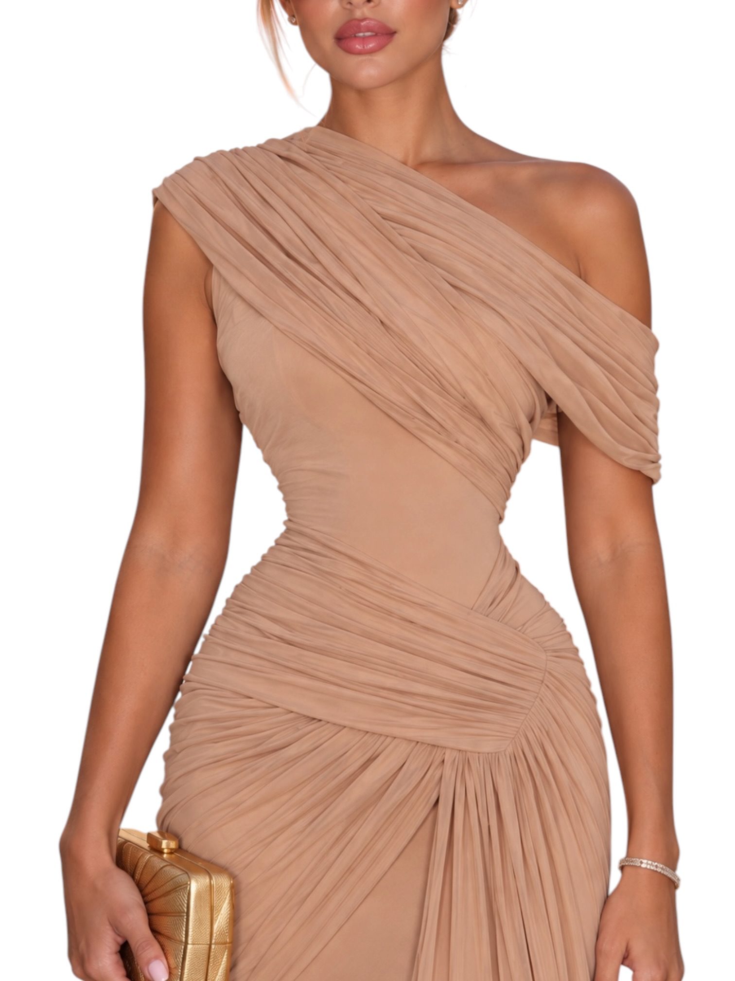 Vestido Beige De Un Hombro Con Drapeado - Image 3