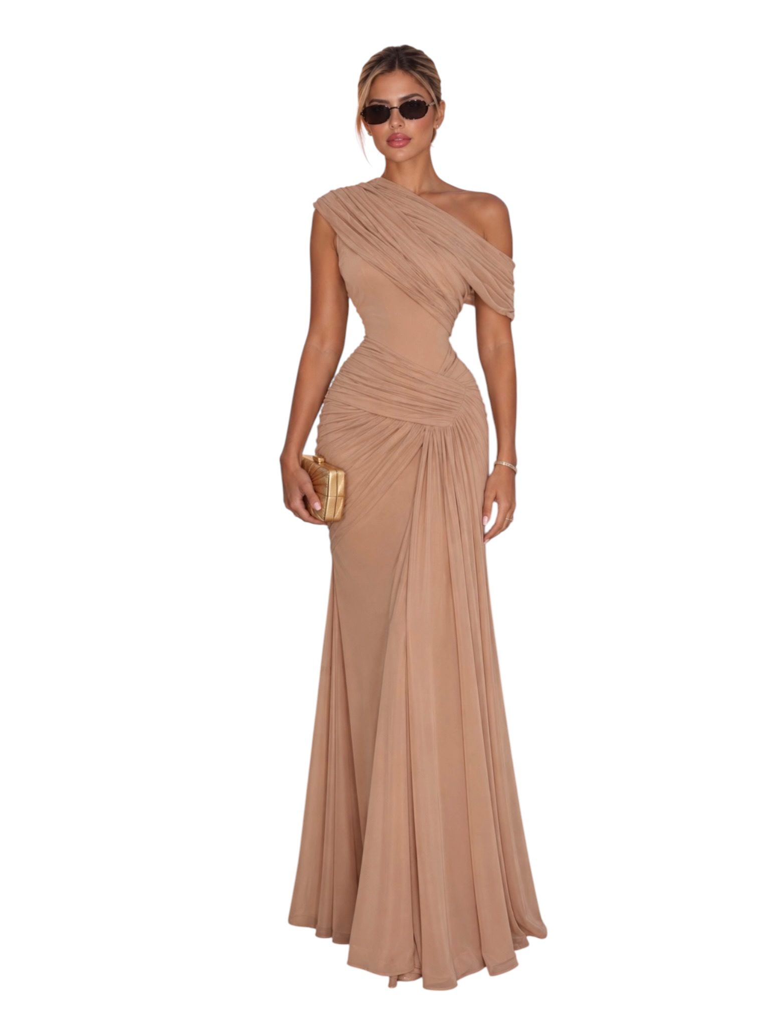 Vestido Beige De Un Hombro Con Drapeado - Image 2