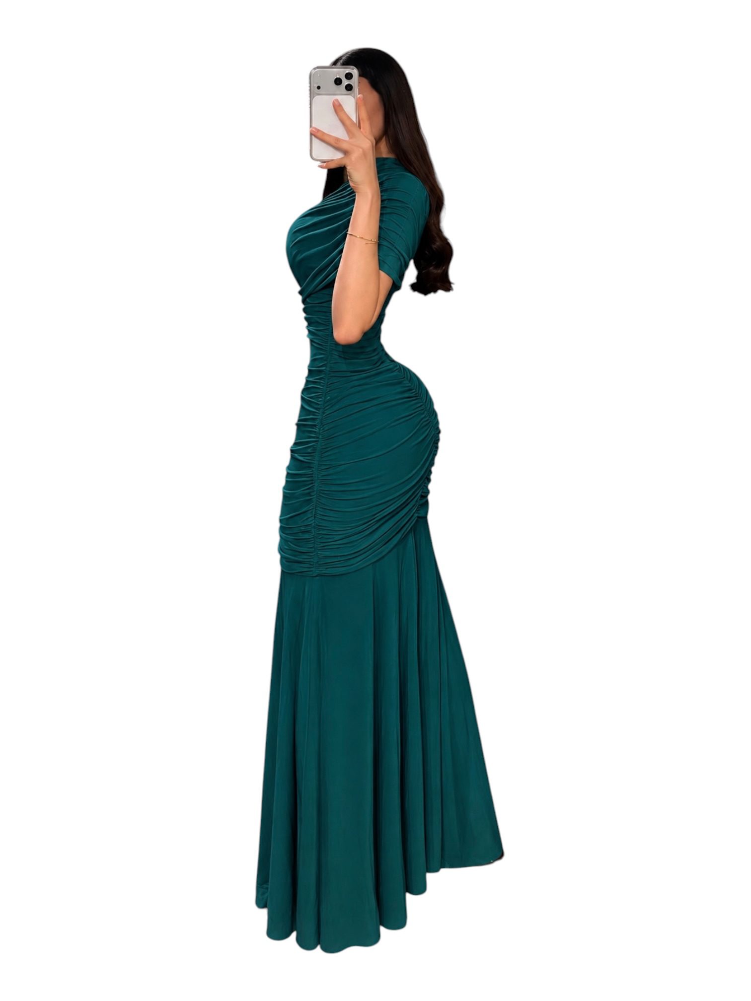 Vestido Verde Drapeado Con Manga Corta - Image 3