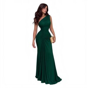 Vestido Verde Esmeralda De Un Hombro Con Drapeado - M