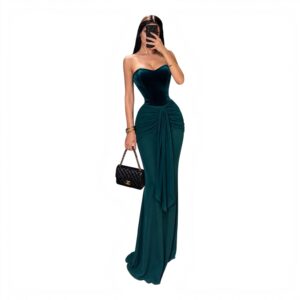 Vestido Verde Con Corset De Terciopelo Y Drapeado