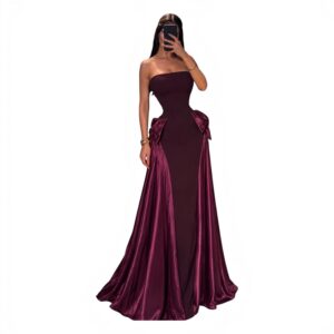 Vestido Vino Strapless Con Lazos Y Sobrefalda De Satín