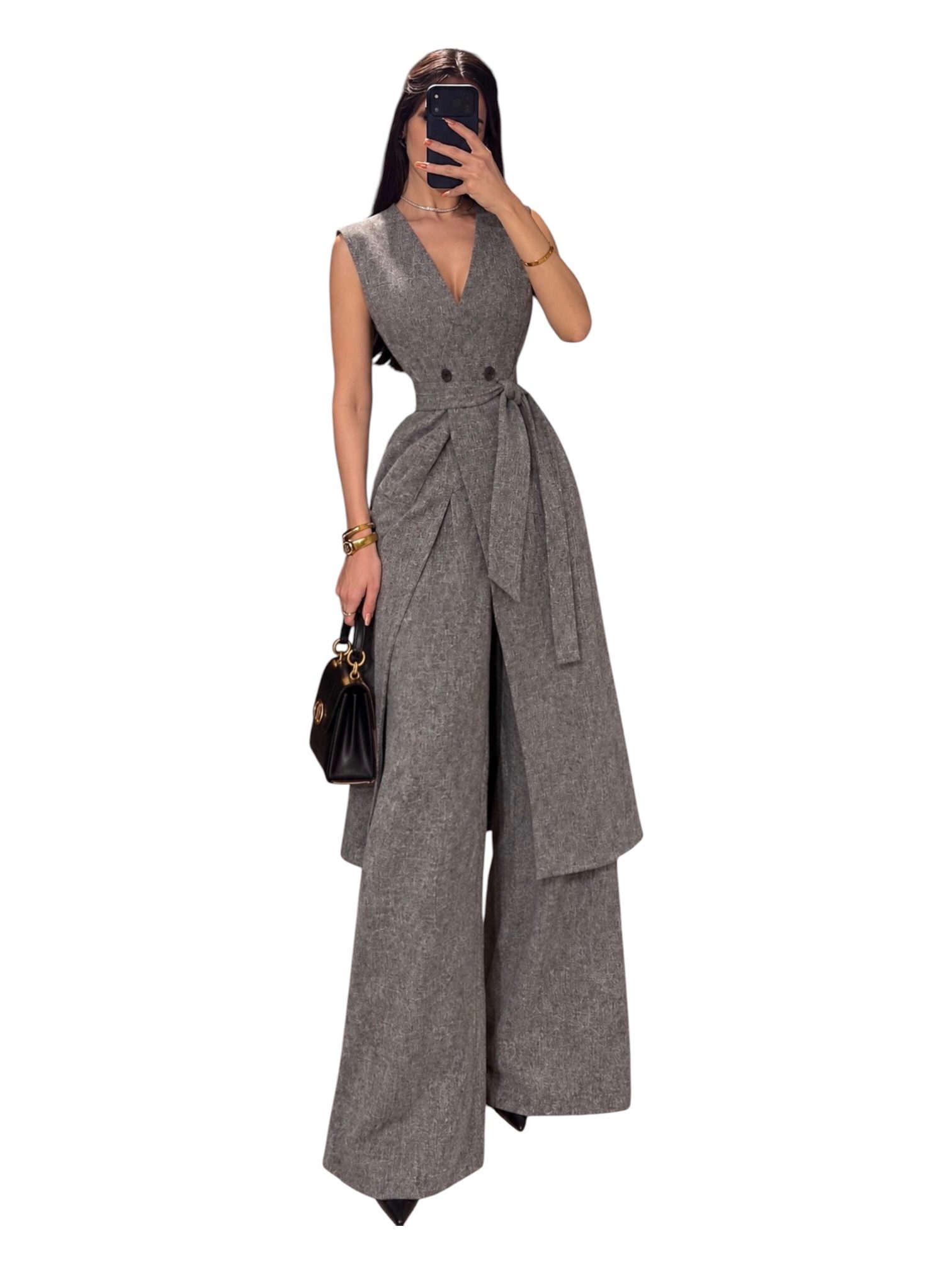 Conjunto Gris Con Chaleco Largo Y Pantalón Amplio - Image 2