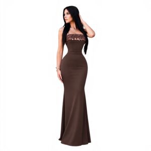 Vestido Café Con Tirantes Y Detalle De Lentejuelas