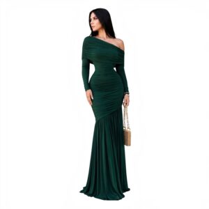 Vestido Verde Esmeralda Con Escote Caído Y Drapeado