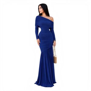 Vestido Azul Rey Con Escote Bardot Y Manga Larga