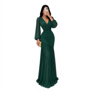 Vestido Verde Esmeralda Con Escote Cruzado Y Manga Larga