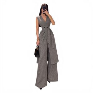 Conjunto Gris Con Chaleco Largo Y Pantalón Amplio