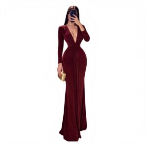 Vestido Café Ajustado Con Escote Profundo Y Nudo Frontal