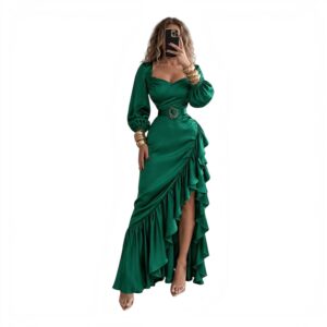Vestido Verde Esmeralda Satinado Con Manga Abullonada Y Volantes
