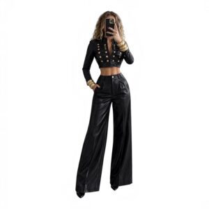 Conjunto Negro De Efecto Piel Con Chaqueta Y Pantalón