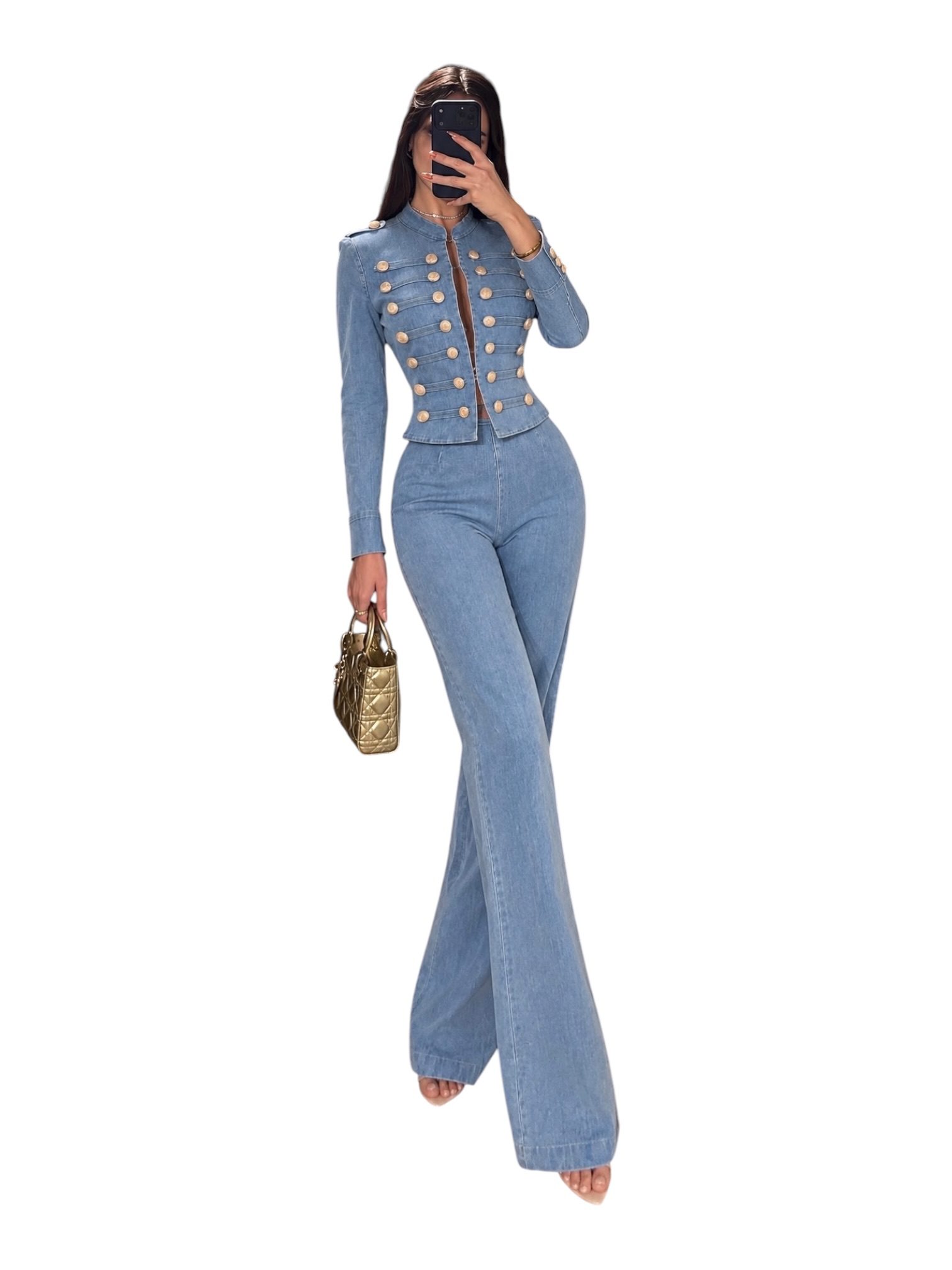 Conjunto De Mezclilla Azul Claro Con Chaqueta Militar - Image 2