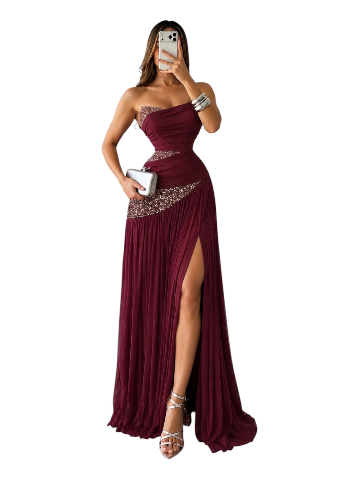 Vestido Vino De Un Hombro Con Pedrería Y Abertura - Image 2