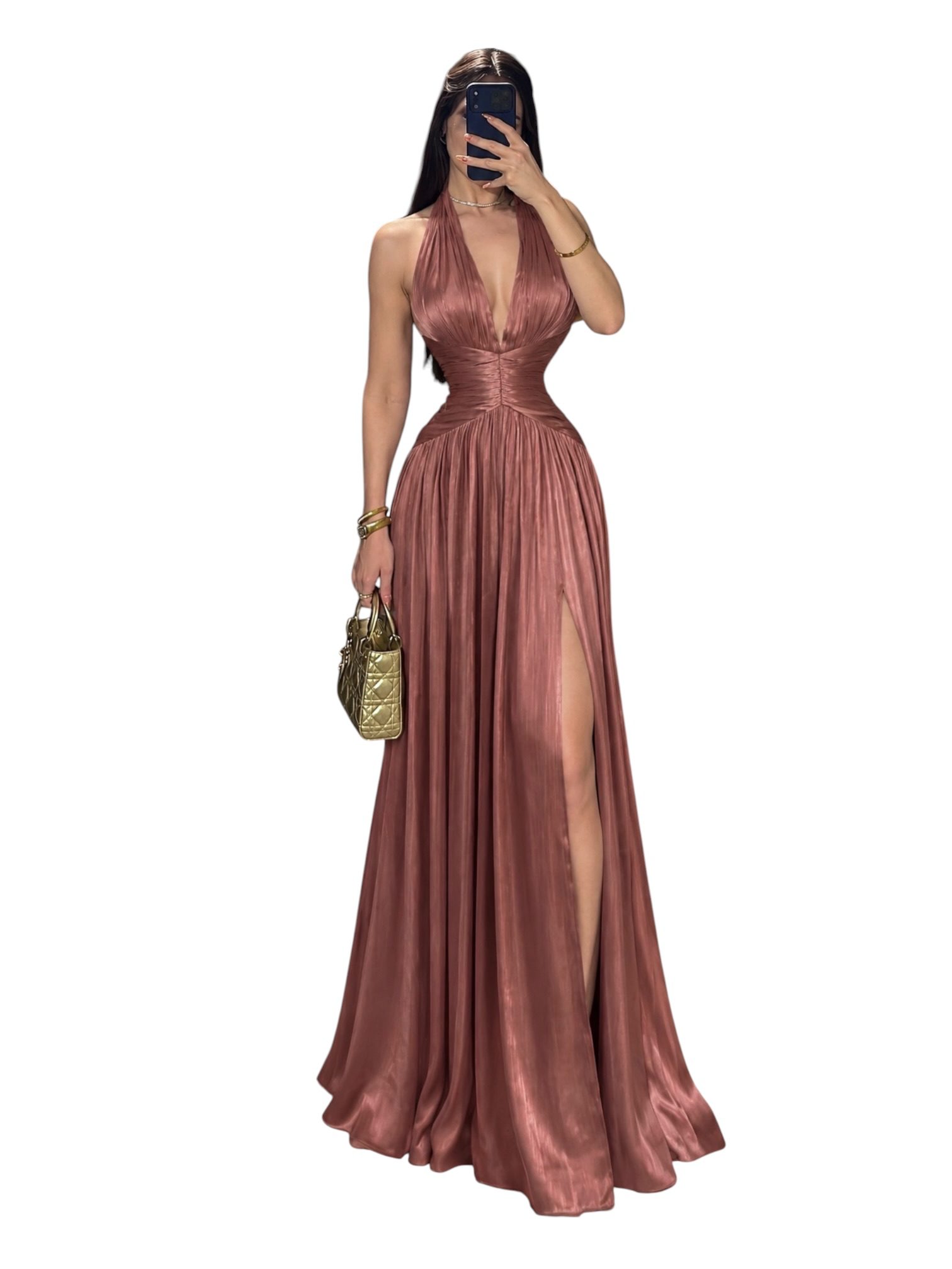 Vestido Marsala Satinado Halter Con Abertura - Image 2