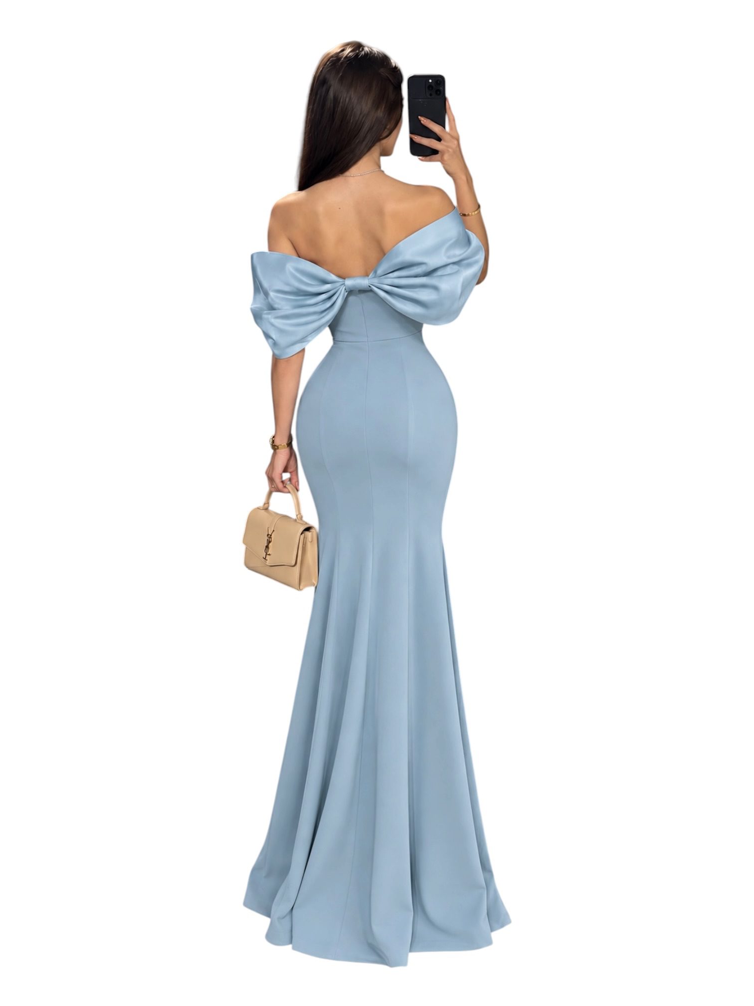 Vestido Azul Cielo Off Shoulder Con Abertura - Image 3