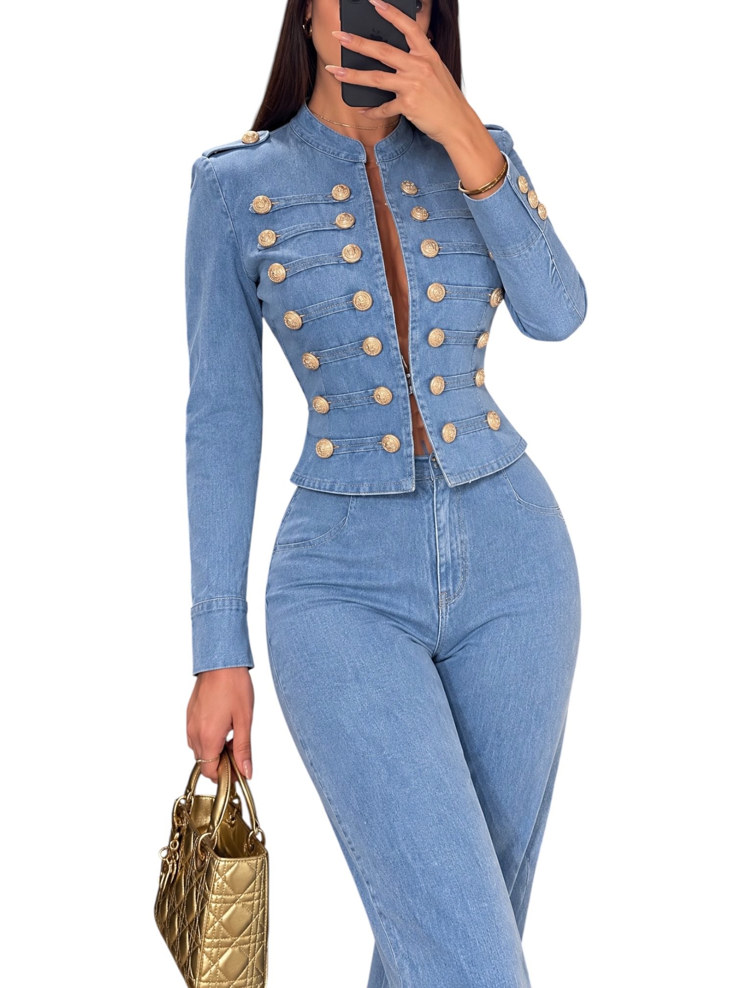 Conjunto De Mezclilla Azul Claro Con Chaqueta Militar - Image 3