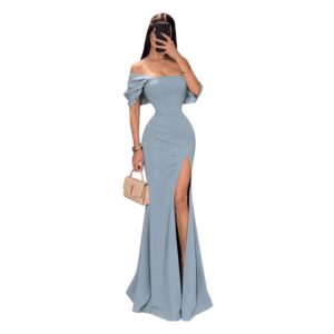Vestido Azul Cielo Off Shoulder Con Abertura
