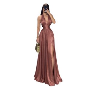 Vestido Marsala Satinado Halter Con Abertura