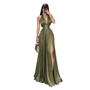 Vestido Verde Olivo Halter Plisado