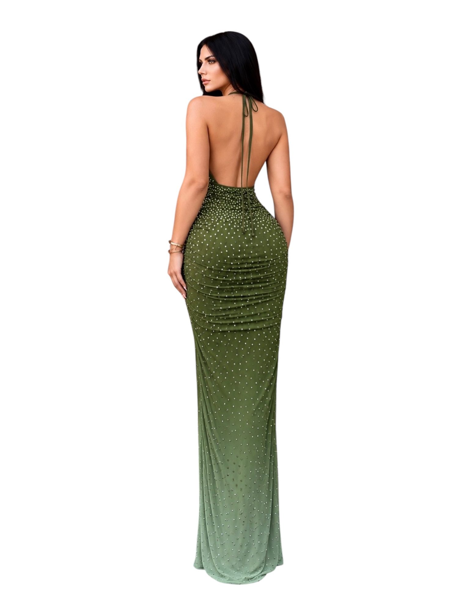 Vestido Verde Olivo Con Escote Profundo Pedrería Y Volante - Image 2