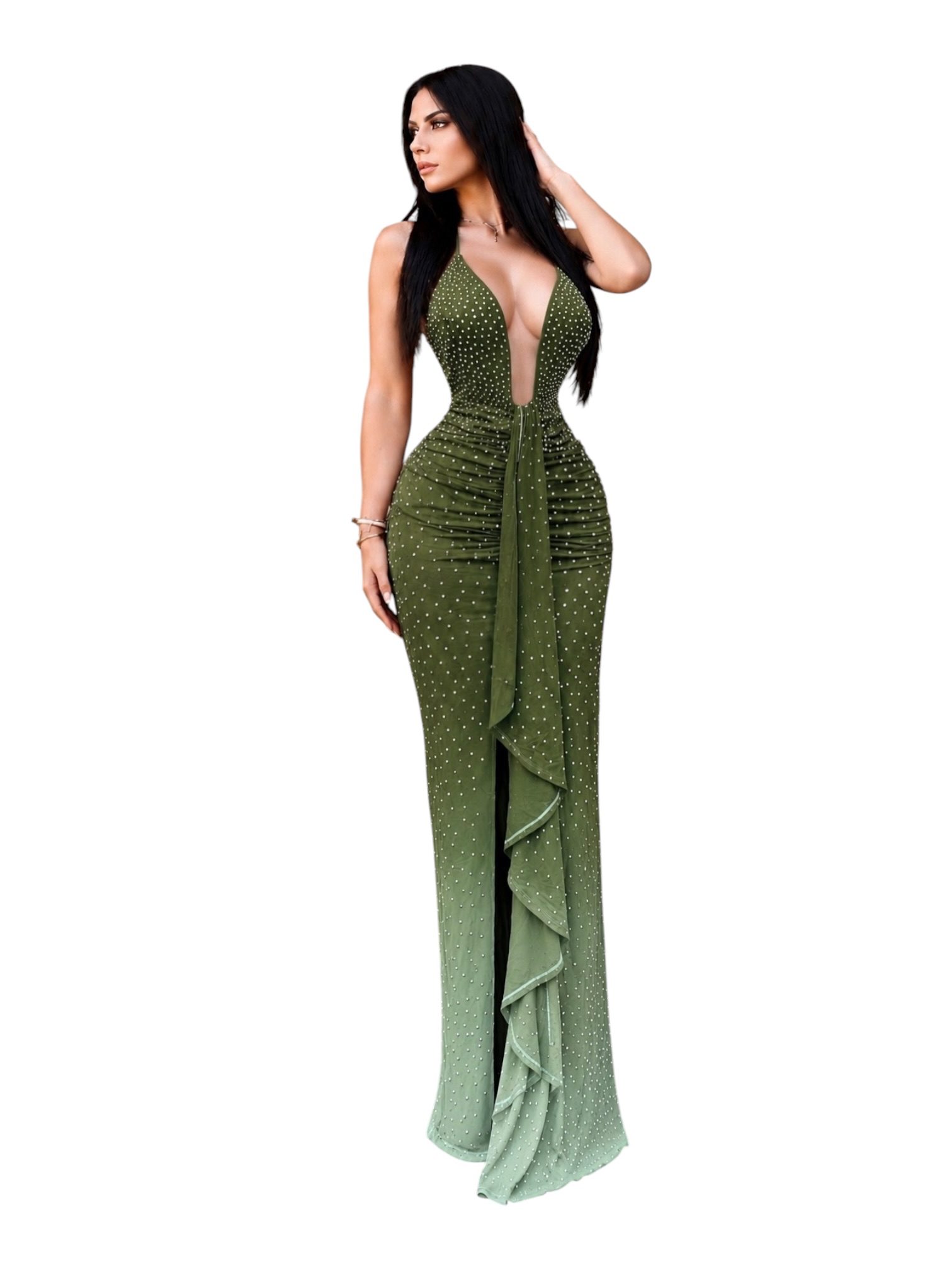Vestido Verde Olivo Con Escote Profundo Pedrería Y Volante - Image 3