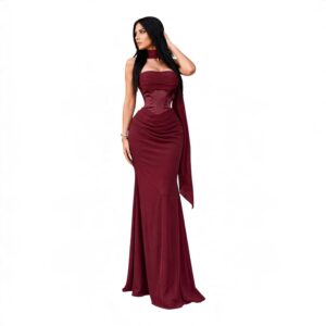 Vestido Vino Con Corset Satinado Y Pañuelo Al Cuello