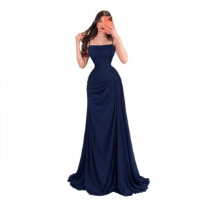 Vestido Azul Marino Con Tirantes Y Drapeado Lateral