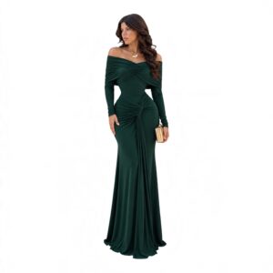 Vestido Verde Esmeralda Off Shoulder Con Drapeado Y Manga Larga