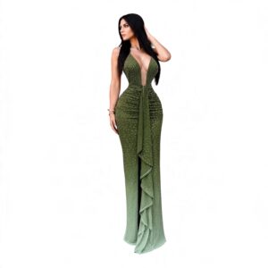 Vestido Verde Olivo Con Escote Profundo Pedrería Y Volante