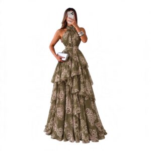 Vestido Verde Olivo Floral Con Escote Halter Y Volantes