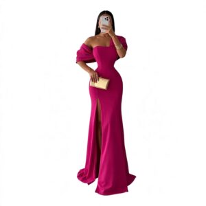 Vestido Fucsia Asimétrico Con Mangas Drapeadas Y Abertura