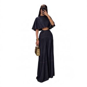 Conjunto Mezclilla Oscura Con Top Capa Y Falda Amplia