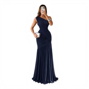Vestido Azul Marino De Un Hombro Con Fruncido