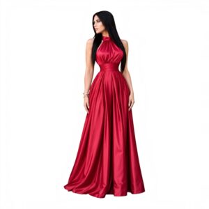 Vestido Rojo Satinado Con Escote Halter Y Falda Amplia