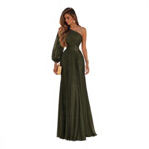 Vestido Verde Olivo De Un Hombro Con Plisado Y Detalle Metálico