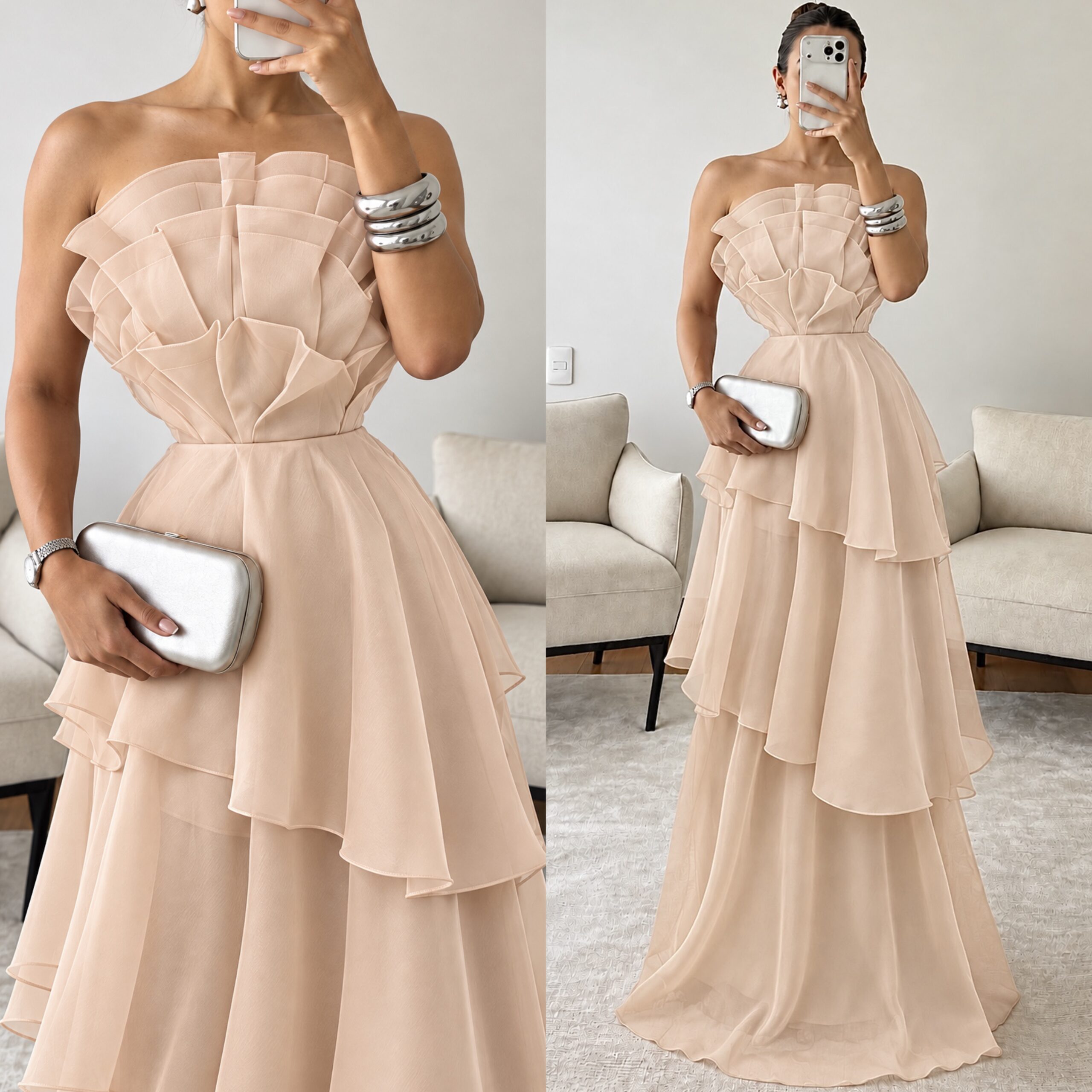 Vestido Nude Strapless Con Volantes En Capas - Image 4