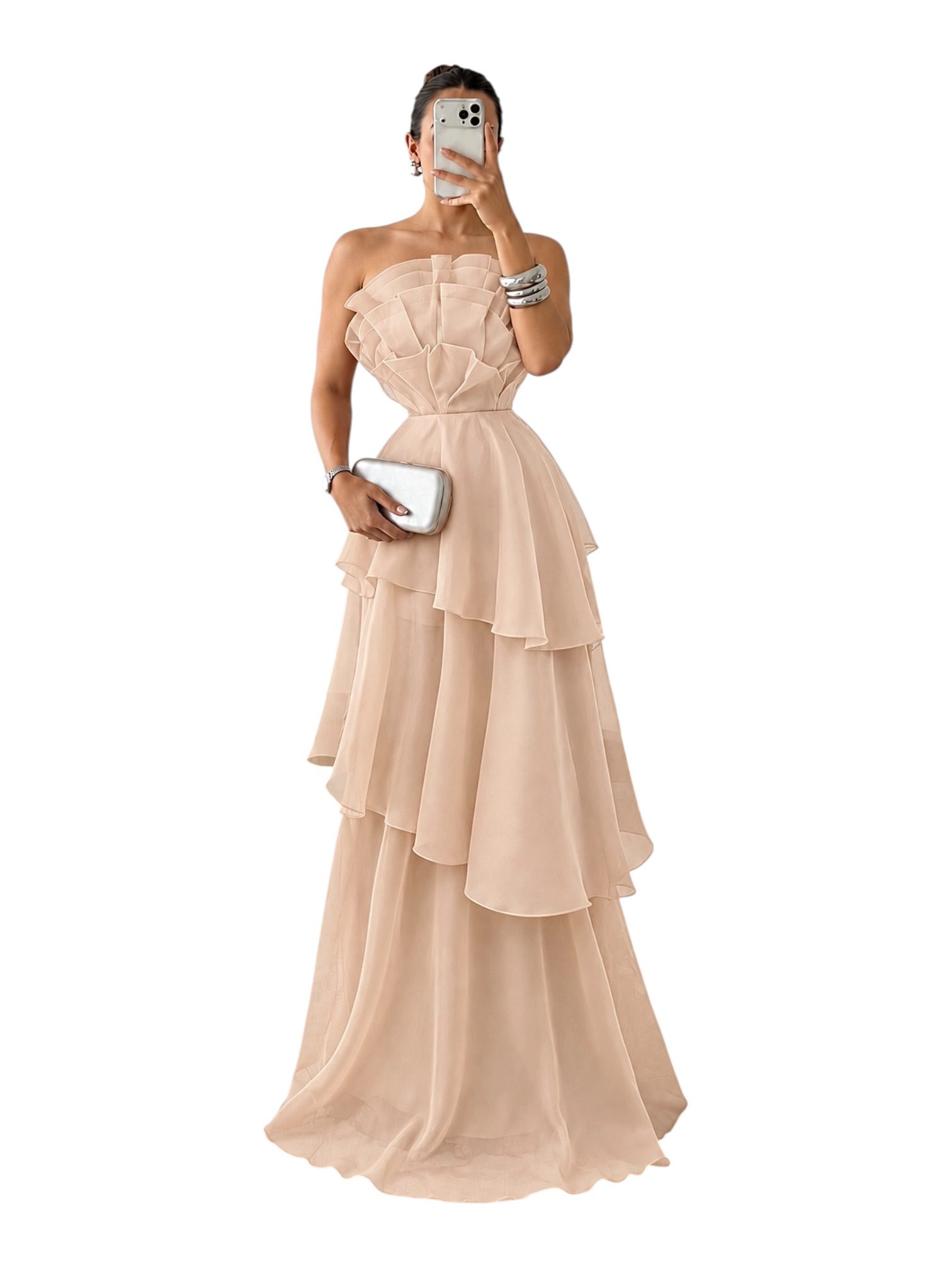 Vestido Nude Strapless Con Volantes En Capas - Image 2