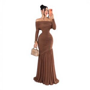Vestido Café Off Shoulder Con Manga Larga Y Fruncido