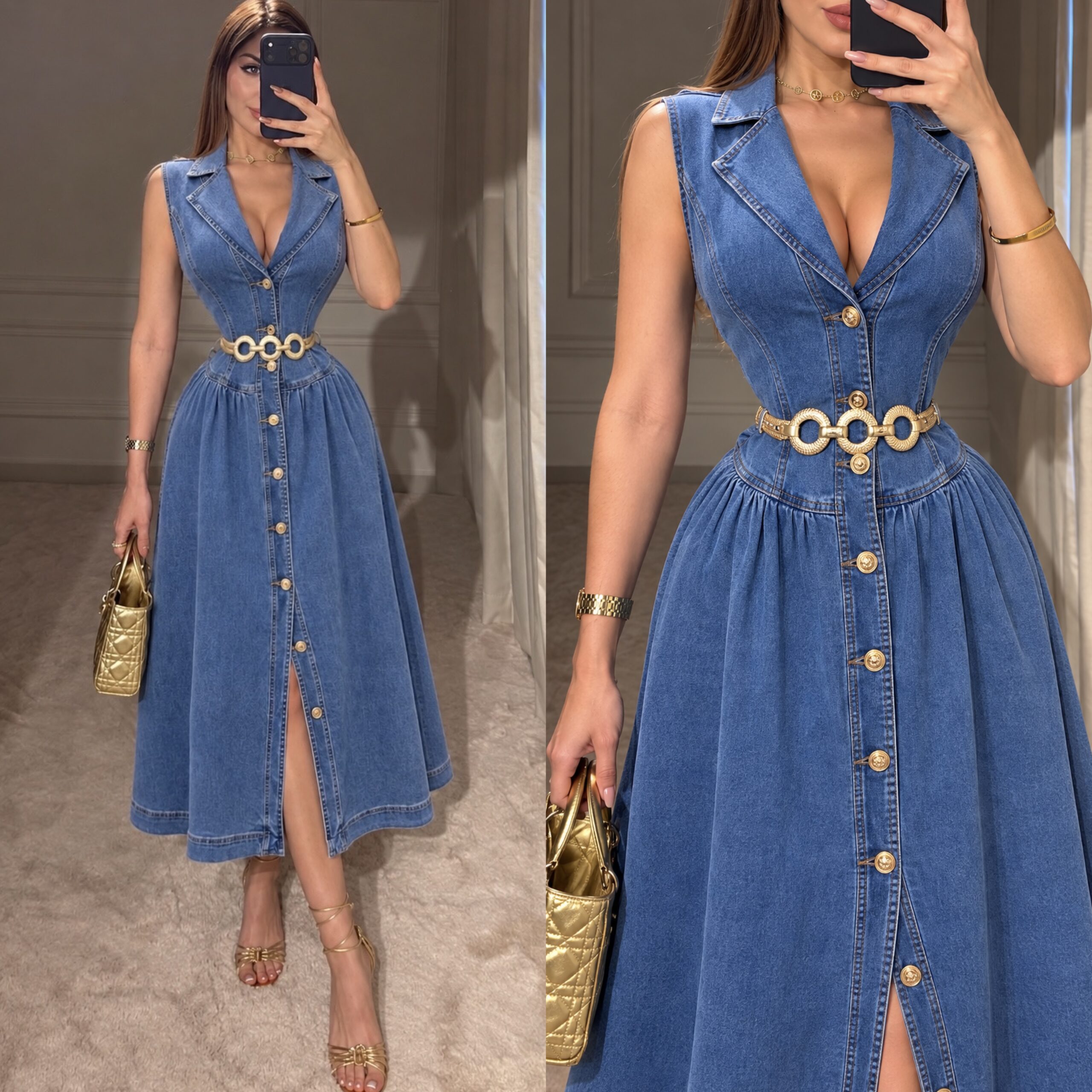 Vestido De Mezclilla Sin Mangas Con Botones Y Cinturón - Image 3