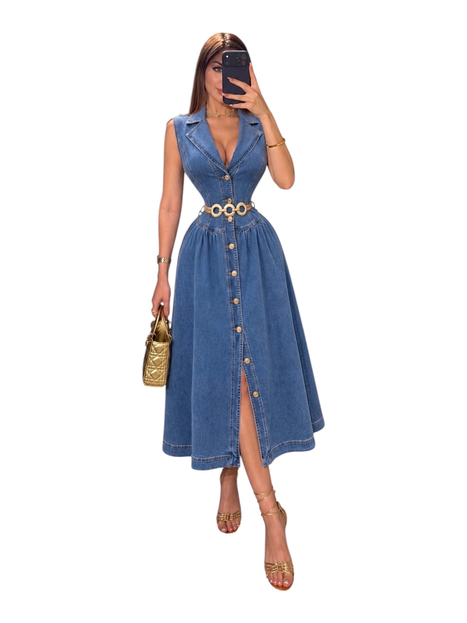 Vestido De Mezclilla Sin Mangas Con Botones Y Cinturón - Image 2