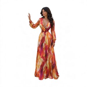 Vestido Estampado En Tonos Naranja Y Rosa Con Escote Cruzado