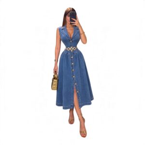 Vestido De Mezclilla Sin Mangas Con Botones Y Cinturón