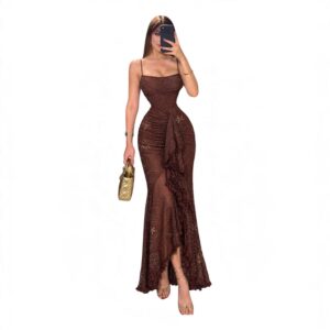 Vestido Café Con Brillos Y Olanes