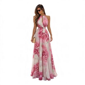 Vestido Floral Rosa Con Escote Halter Y Falda Fluida