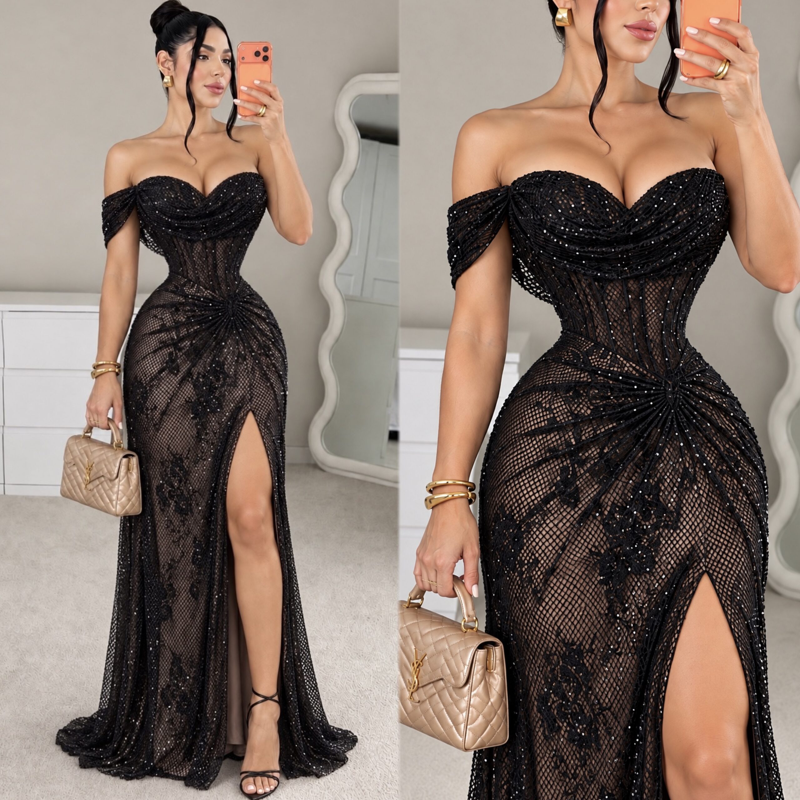 Vestido Negro De Hombros Descubiertos Con Pedrería Y Abertura - Image 4