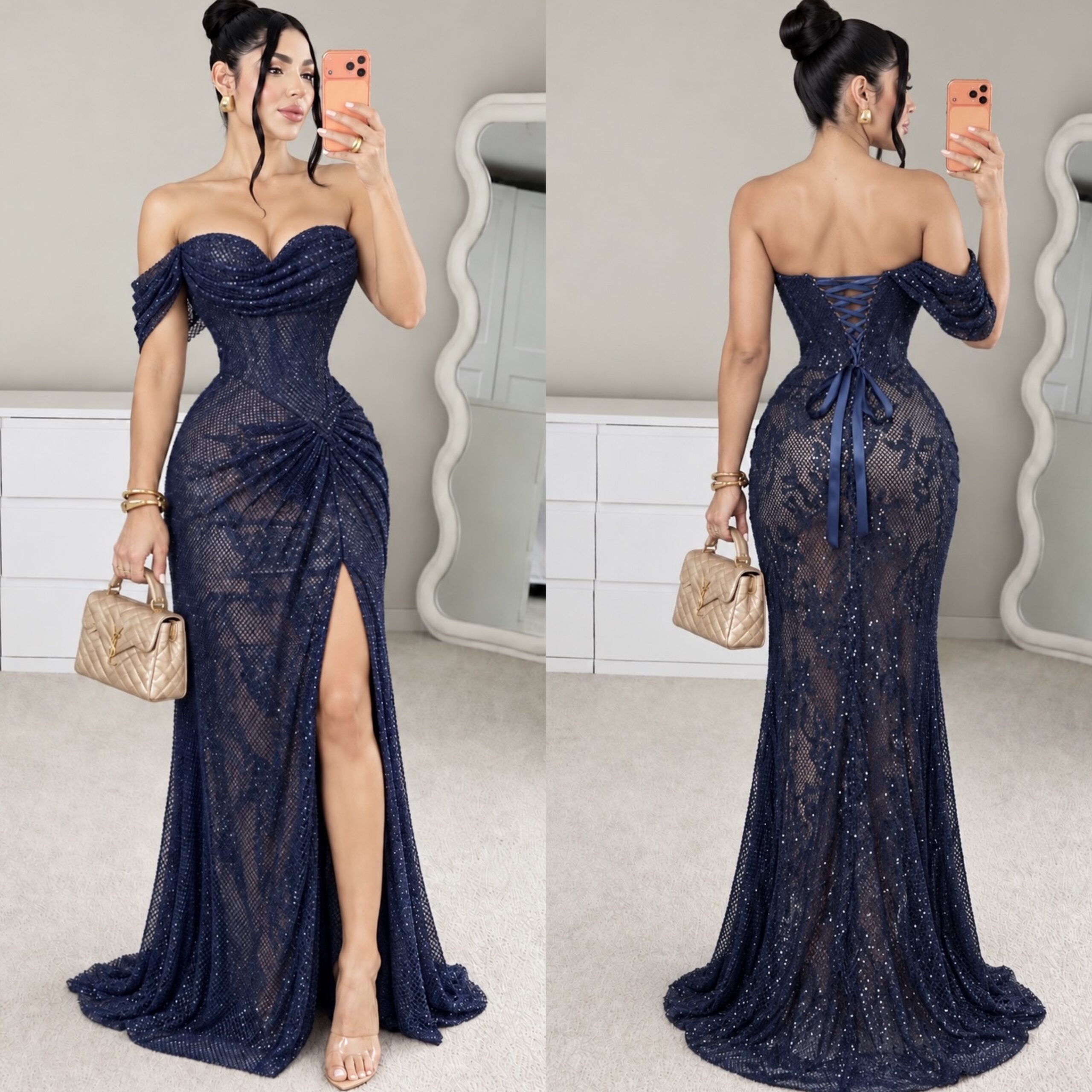 Vestido Azul Marino De Hombros Descubiertos Con Pedrería Y Abertura - Image 4